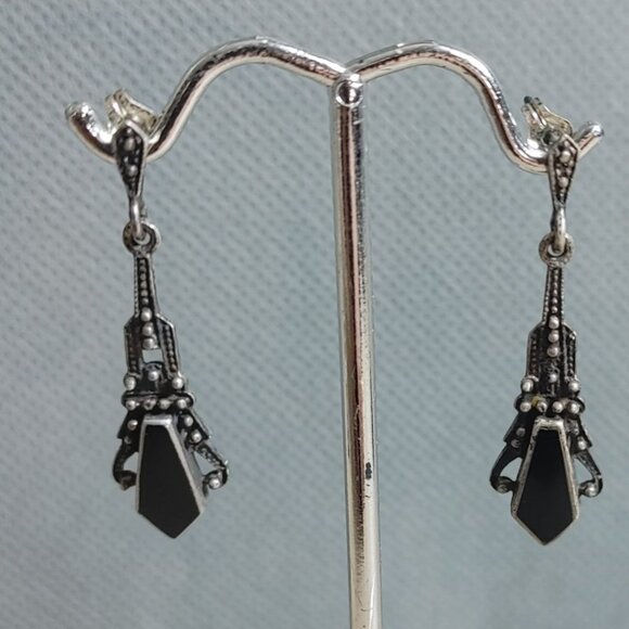 Antique Dangle Earrings  Black Onyx Post Back Art Deco Sterling Silver Victorian - Picture 7 of 11